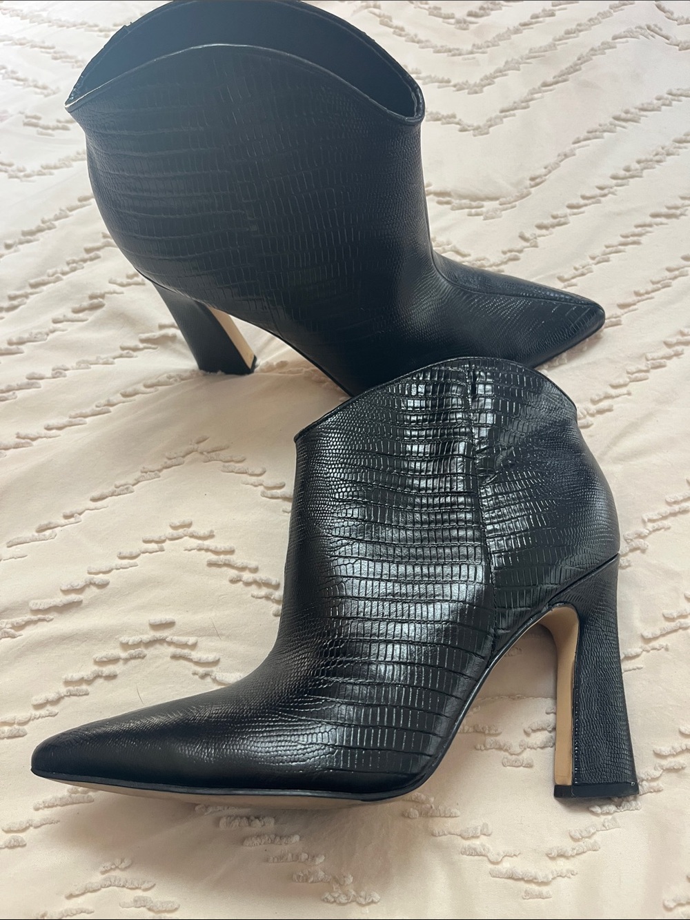 Marc Fisher Black Croc-Embossed Pointed Heel Ankle Booties